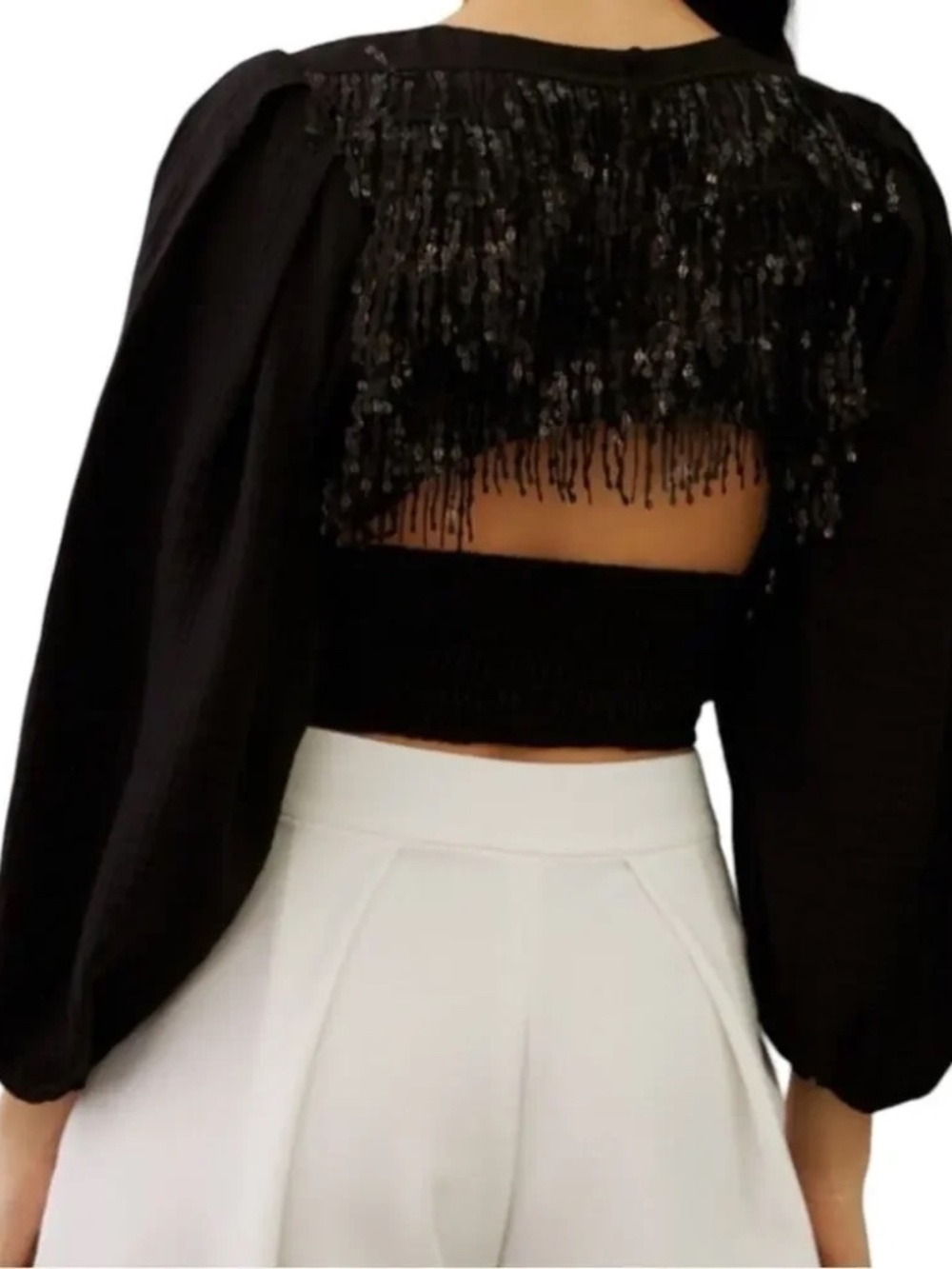 NWT current air Anthropologie Sequin Fringe Cut Out Back Long Sleeve Black Top